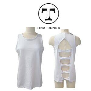 TINA + JENNA Open Back Twisted Band White Tunic Top Sz Small NWT